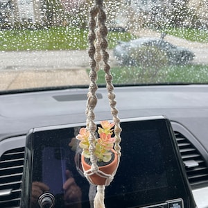 MIni Macrame Faux Succulent auto rear view mirror Boho plant hanger
