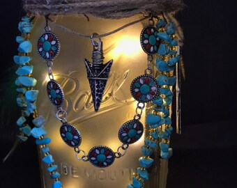 southwest  inspired "she flies with her own wings" jeweled lighted frosted mason jar lantern, indoor household decor, table top, shelf light