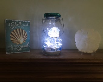 Tropical beach solar lighted mason jar hanging lantern, sea shells, indoor/outdoor, patio, deck, garden, table top, shelf light