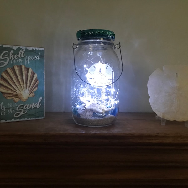 Tropical beach solar lighted mason jar hanging lantern, sea shells, indoor/outdoor, patio, deck, garden, table top, shelf light