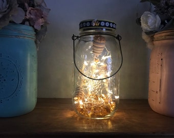 Honey bee decor, solar lighted hanging mason jar lantern, fairy string lights, indoor/outdoor, patio, deck, garden, tabletop, shelf light