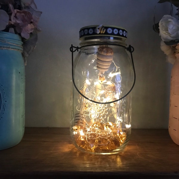 Honey bee decor, solar lighted hanging mason jar lantern, fairy string lights, indoor/outdoor, patio, deck, garden, tabletop, shelf light