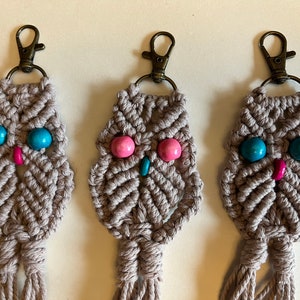 Puede incluir: Tres llaveros de búho de macramé hechos a mano. Cada búho está hecho de cordón gris con ojos de cuentas de madera azules o rosas y un pico rosa o turquesa. Los llaveros tienen cierres de color bronce.