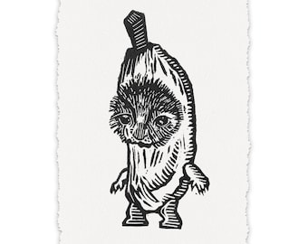 Banana Cat - Original Handpress Linocut Print, print by hand, signed, art, animal, meme