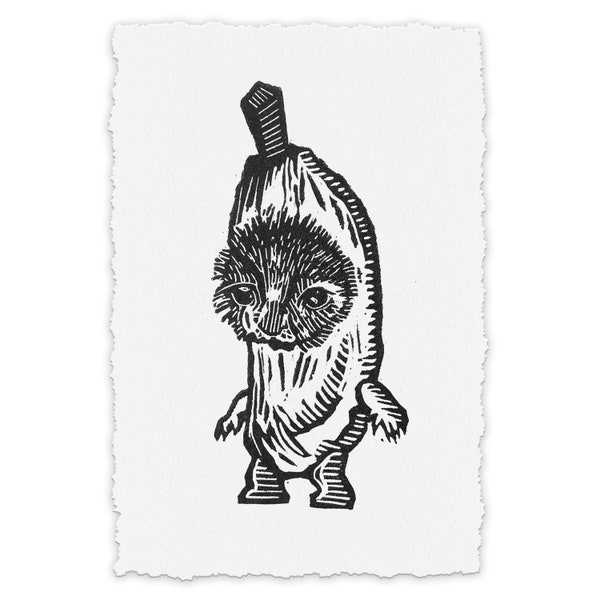 Banana Cat - Original Handpress Linocut Print, print by hand, signed, art, animal, meme