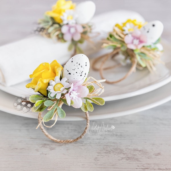 Easter Egg Napkin Rings 4 pcs, Spring Flowers Place Setting Table Centerpiece Arrangements, Easter Table Decor, Farmhouse Decoration