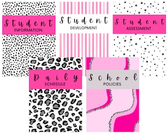 May include: A collection of digital planner covers with various patterns and text. The covers feature designs like leopard print, polka dots, stars, and stripes. Each cover has a pink or gray banner with text such as "Student Information" and "Daily Schedule."