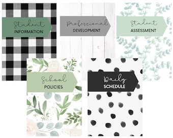 May include: A collection of decorative binders with labels. The binders feature various patterns, including black and white buffalo check, watercolor floral, and black polka dots. Labels include "Student Information," "Professional Development," "Student Assessment," "School Policies," and "Daily Schedule."