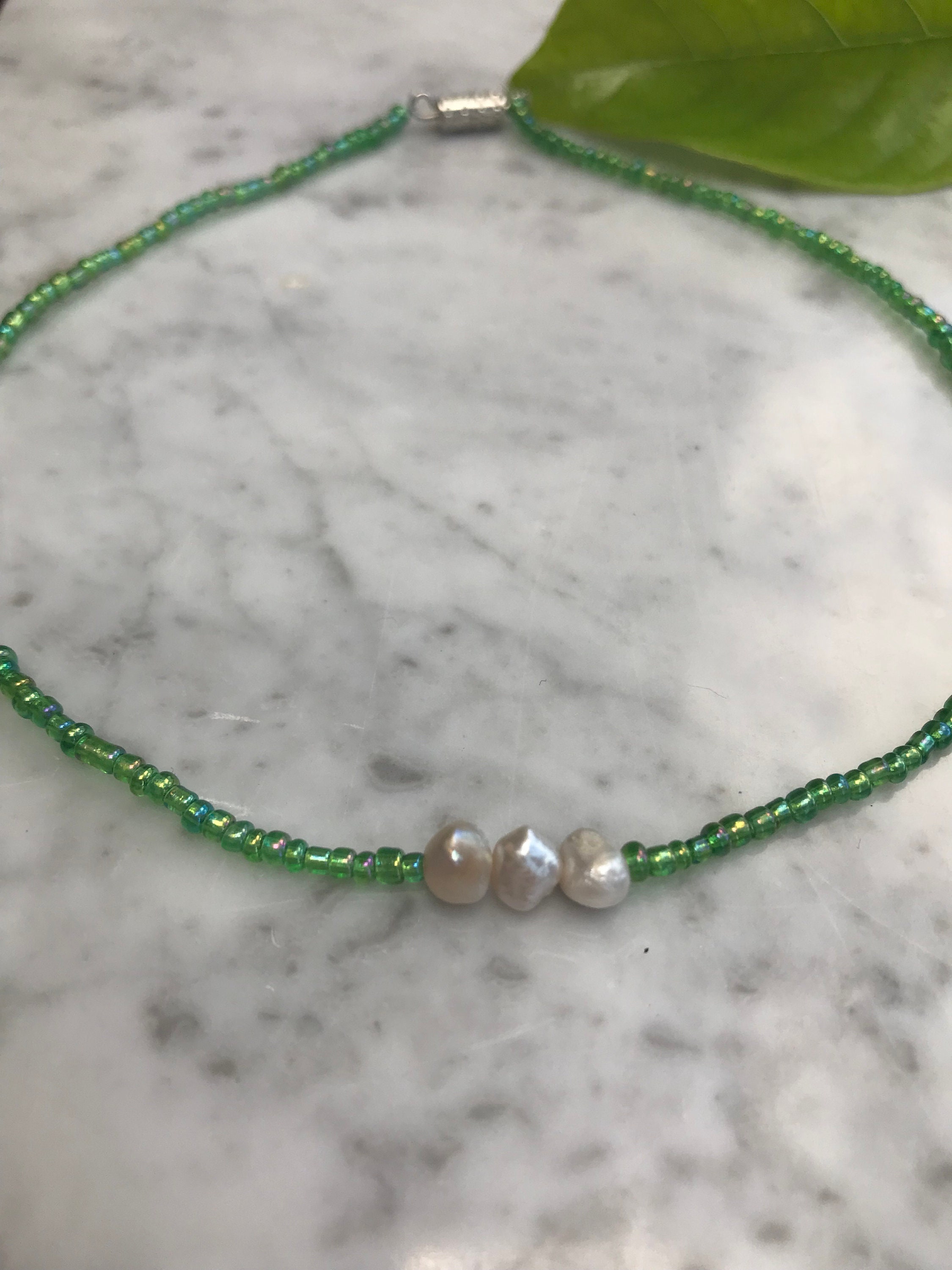 Green Beaded Choker With Three Pearls in the Middle. Etsy