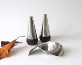 Georg Jensen Trio. Wave Egg cup by Steve McGugan with Salt Pepper Rosewood set by Lone Sachs, Lundtofte. Danish Modern design. Space age