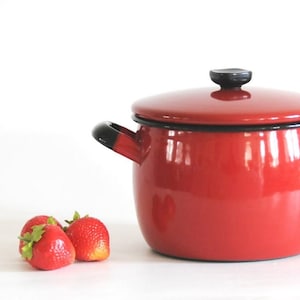 May include: Red enamel pot with a black lid and handle. Three red strawberries are in the foreground.