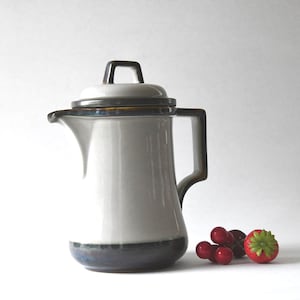Op de afbeelding: Een witte keramische koffiepot met een donkerblauwe basis en een zwarte handgreep en deksel. De pot heeft een tuit en een handvat. Een paar rode bessen en een groen gekroonde vrucht liggen naast de pot.