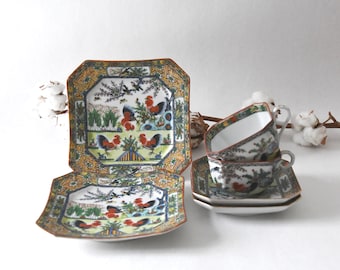 Rooster Teasets. Two Square Tea Trios. Red cockerels Enamel Hand Painted. - Collectible Oriental  tableware