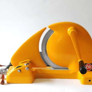 Danish All Purpose Slicer. EVA Denmark Breadslicer. Vintage Yellow Industrial Kitchen Design. Danish mid century modern Decor