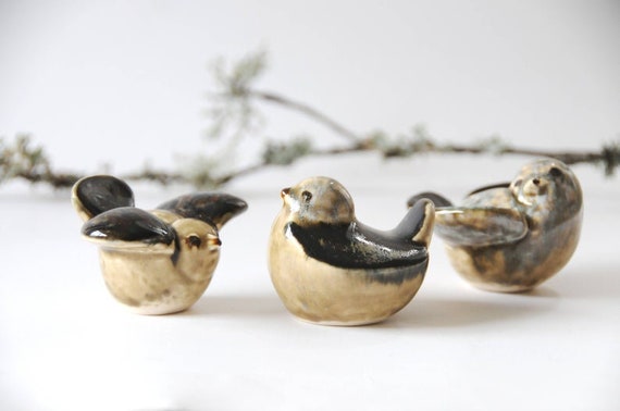Sparrows by Joseph Simon Søholm. 3 Stoneware Birds. MCM Danish