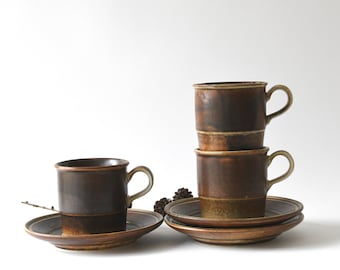 Porsgrund Norway Lava Teacups & Saucers: Mid-Century Modern Scandinavian Tea Set