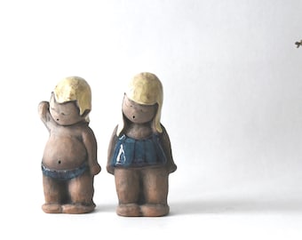 2 Figurines Sister and Brother, Signed Studio Art Pottery, Dagny Zachrisson. Scandinavian Retro