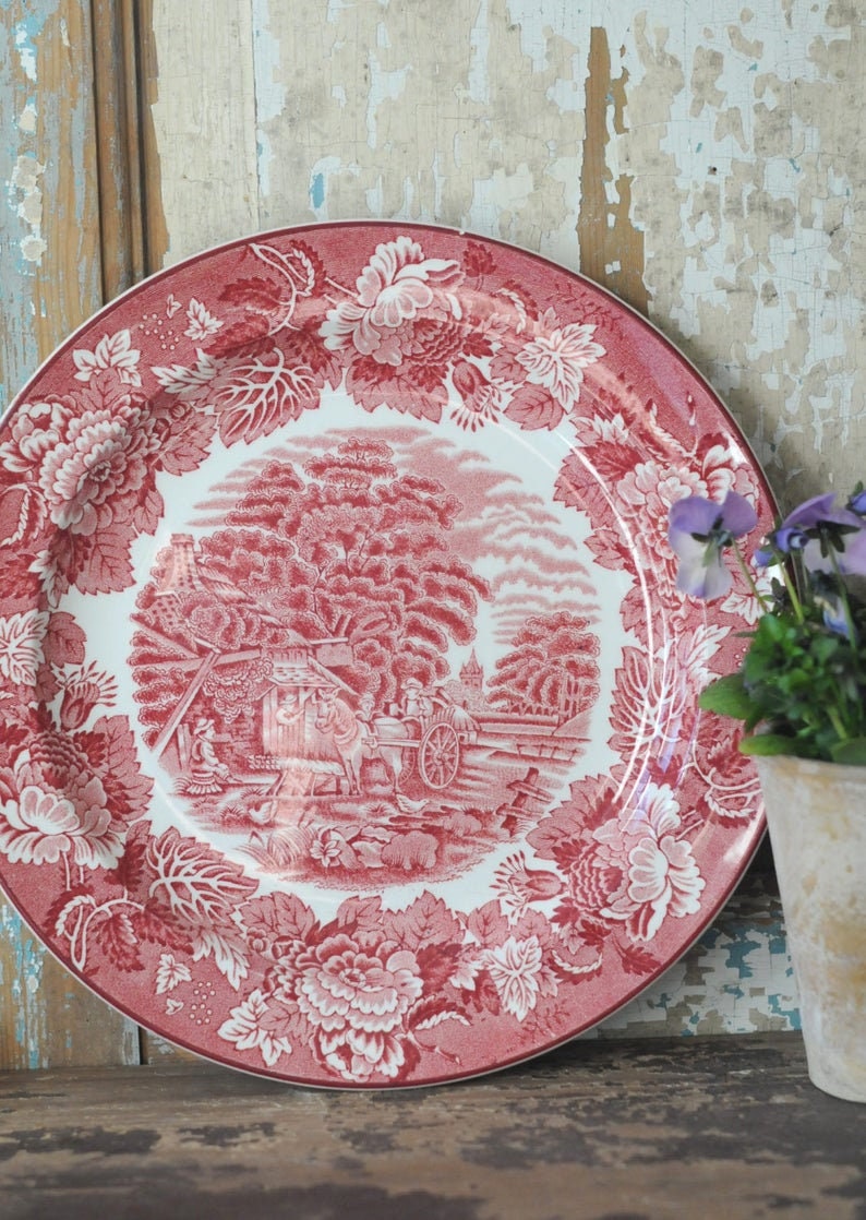 Pink Transferware Enoch Woods English Scenery Dinnerplate. Wood
