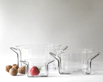 Ustensiles de cuisine scandinaves modernes. POTS CHAUDS de Bodum. Ensemble de 3 bols en verre avec poignée chromée. Design Carsten Jorgensen, Danemark des années 80