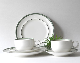 Arabia Finland Tea sets by Stig Lindberg / Inkeri Leivo Pair Cups, saucers and plates. For Kloverblad Denmark. Mid-century modern tableware