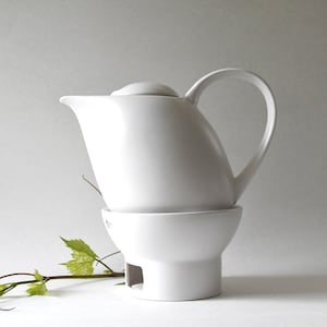 Soholm Denmark. White Teapot. Minimalist design by Per Rehfeldt. Modern Danish stoneware Tea pot with warmer. Scandinavian Midcentury