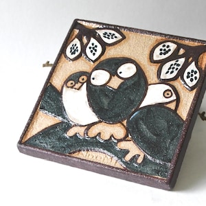 Wall Hanging by Noomi Backhausen. Owls sitting on a branch, Søholm. Danish modernist wall decor. Stoneware plaque. Scandinavian Mid-century