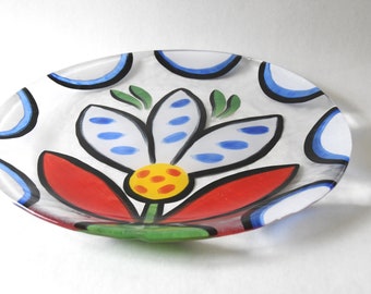 Ulrica Hydman Vallien. Kosta Boda Sweden. Huge Moon Flower Tray / Platter. Scandinavian modern collectible Glass Art. Signed - Gift for Him