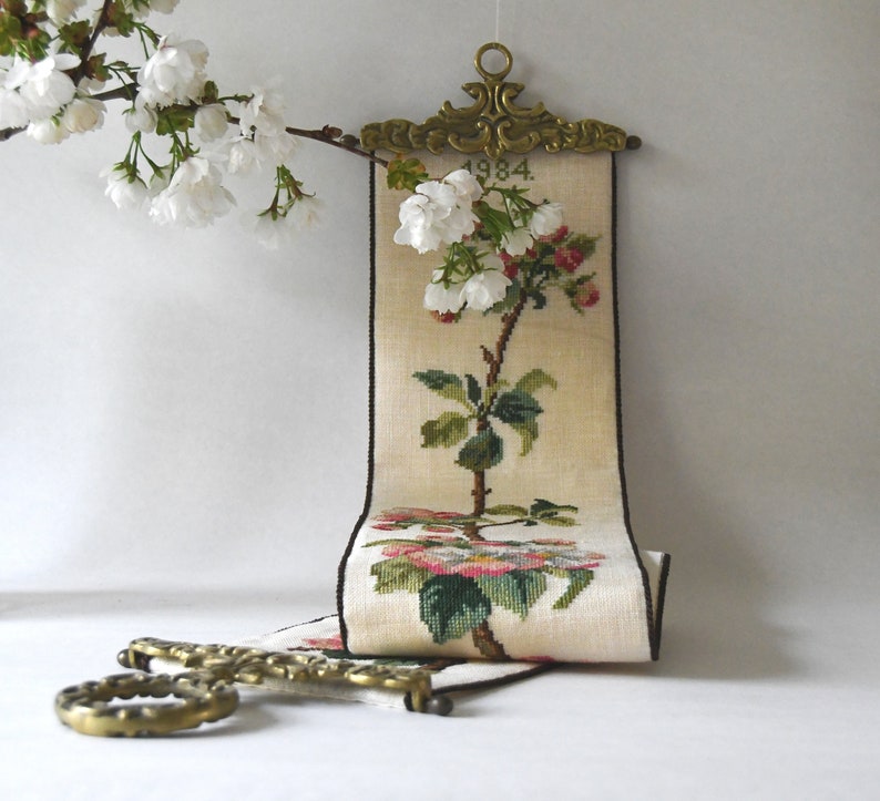 Wall hanging. Cross stitch embroidery Bell Pull with Appelblossom. Vintage Wall Decor. Scandinavian Cottage. image 4