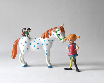 3 Vintage Spielfiguren. Pippi Langstrumpf von Astrid Lindgren. Skandinavische Dekoration für Kinderzimmer. Mid Century-Modern
