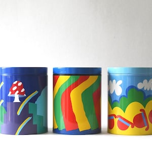 Duński IRMA Tin Modern Coffee canister. Ilustracje sztuki współczesnej. Skandynawskie nowoczesne przedmioty kolekcjonerskie