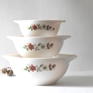 Pode incluir: Um conjunto de três tigelas brancas empilhadas verticalmente, cada uma com um padrão floral de flores e folhas em tons de laranja, castanho e verde. As tigelas possuem pegas laterais integradas e uma forma arredondada com acabamento liso.