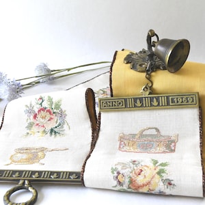 Cross stitch Wall hanging. Bell Pull with Ornate Brass Ends and a Bell. Embroidery Flowers. Needlepoint Wall Tapestry