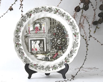 Large Serving plate Merry Christmas 12" Ironstone by Johnson Bros. 1950s English Transferware. Romantic Country Cottage decor - Near Mint