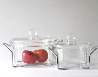 Modern Scandinavian Kitchenware. HOT POTS from Bodum. Pair of Lidded Glass Bowls and Chrome Holders. Danish 80s Carsten Jorgensen Design