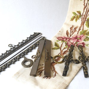 Embroidery hangers. Bell pull hardware bar for tapestry. 5.6 - 9.5&quot; Ornate Brass hardware Hangers. Danish NeedlePoint Hardware