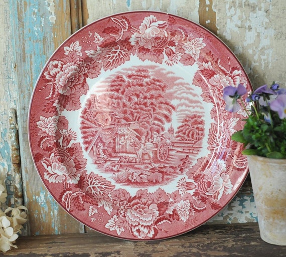 Pink Transferware Enoch Woods English Scenery Dinnerplate. Wood