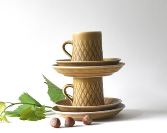 Two Quistgaard RELIEF Tea trio. Tall Cups, saucer and plates. Danish design. Pair Mid century modern. Scandinavian modern stoneware. IHQ