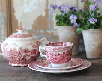 Pink Transferware Enoch Woods English Scenery Coffee trio. Wood and Sons. English Collectable Countryside. Red Vintage Enoch Woods Ware