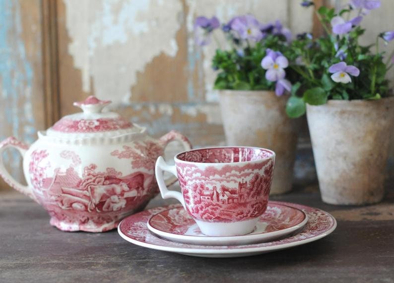 Pink Transferware Enoch Woods English Scenery Coffee Trio. Wood