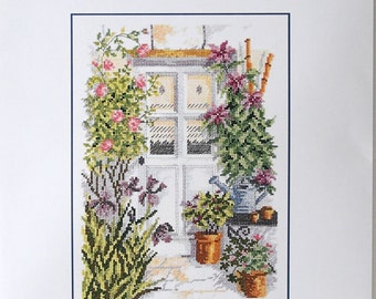 DMC Counted cross stitch Kit. Front Door with Irises and Clematis. Complete and Beautiful embroidery craft kit 10 x 8 inch. Floral decor