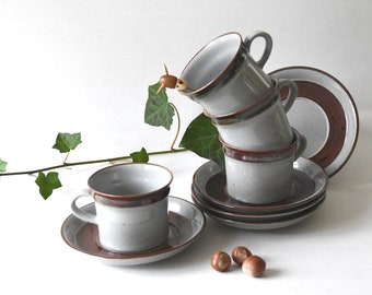 Danish Modern Stoneware, 4 Cups and saucers. Knabstrup Ingrid. design by Christine Konschak. Handmade Danish design 1960s