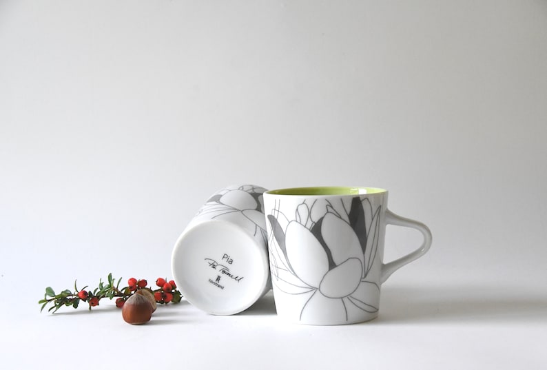 Rörstrand Sweden. Two Large Mugs. PIA Design by Pia Törnell. Lime green and grey White. In beautiful condition image 5