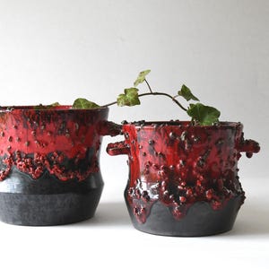 2 x Planters. Retro Fat Lava pots 1960s. Red / Black flower pots. Mid Century modern