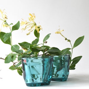 2 x Tealight holders. Candle holders TRIS from Iittala TRIS by Alfredo Häberli. Pair Petrol Finnish Glass Modern Home Decor