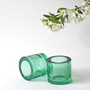 Iittala Marimekko. Two Kivi Glass Votive Candleholders Emerald Green. Heikki Orvola - Marimekko Glass Tealight holders.