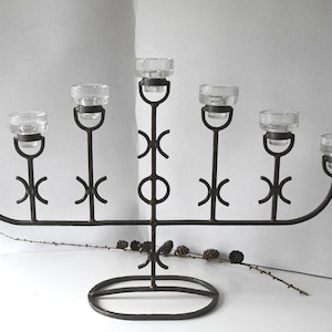 Candelabra by Erik Höglund. Boda Sweden. Crystal and Iron Seven-Light Candle Holder. Midcentury modern