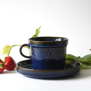 Puede incluir: Un juego de taza y platillo de cerámica azul y marrón. La taza tiene una superficie texturizada y el platillo tiene un diseño simple. El juego está sobre una superficie blanca con una vid verde y dos fresas rojas.