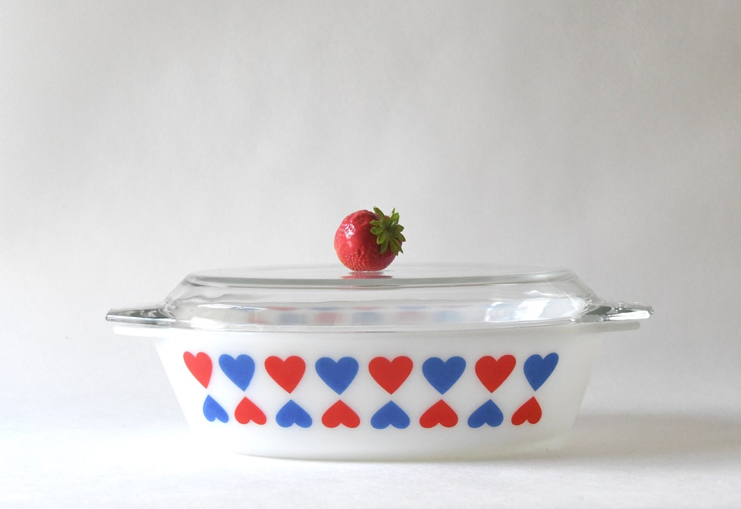 JAJ Pyrex Heart. Rare Bowl With Red and Blue Hearts. Pyrex Glass Lid ...