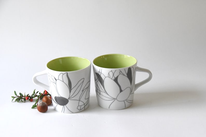 Rörstrand Sweden. Two Large Mugs. PIA Design by Pia Törnell. Lime green and grey White. In beautiful condition image 3