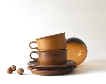 Arabia Finland Two Golden Ruska Tea cups and saucers by Ulla Procope. Pair Modern Stoneware, Scandinavian Mid century